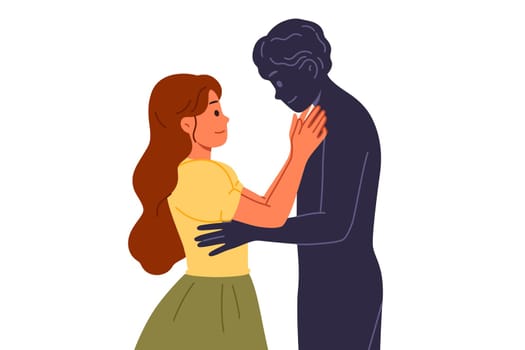 Woman with problems in relationship with imaginary boyfriend needs help of psychotherapist or sexologist. Smiling girl dreams of ideal relationship and visualizes dream groom, hugs ghost