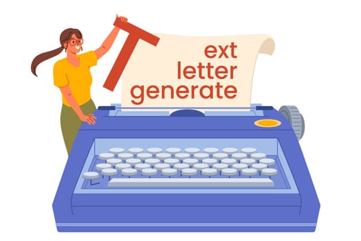 Woman journalist or copywriter stands near huge old typewriter with slogan text letter generate. Girl journalist offers services for writing articles for newspapers or online magazines