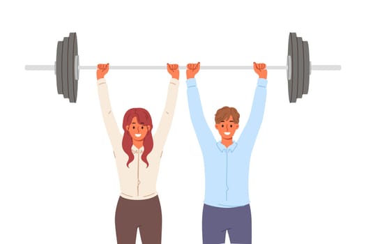 Team of business employees lifting barbell together, demonstrating teamwork on complex project. Office team is proud of synergy and ability to reach new heights and cope with challenges