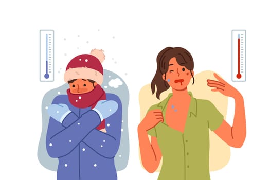 Extreme weather conditions cause problems for people suffering from winter cold and summer heat. Man suffers because of snow and woman feels exhausted in hot weather, for concept of climate change