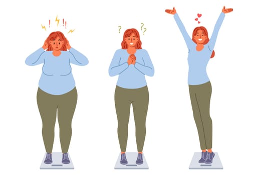 Progress in weight loss for overweight woman who quickly loses extra pounds thanks to right diet. Girl rejoices at weight loss and opportunity to get slim and beautiful body, stands on scales
