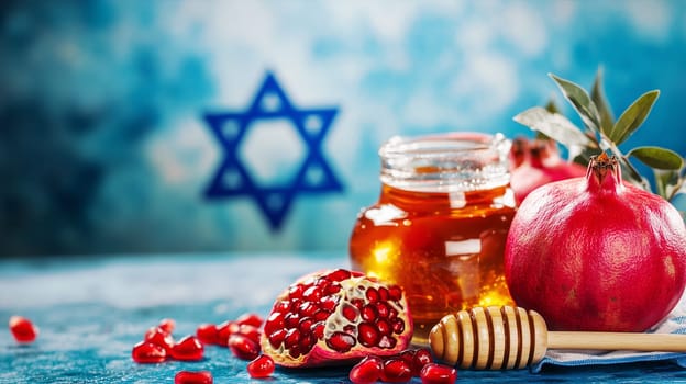 Rosh hashanah, jewish new year holiday, background with pomegranate and honey, traditional food for celebration