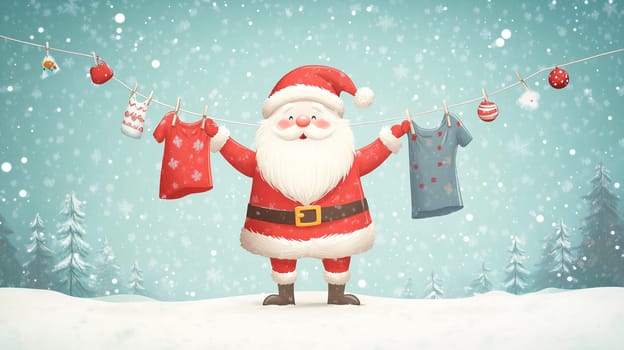 Santa Claus is hanging up his clothes to a clothesline, winter holiday season, christmas greeting card, snowflakes and fir tree