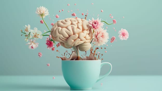 Human brain, coffee splash from a cup, flowers growing from mind, mental health concept, positive optimism thinking, creative idea, wake up in the morning
