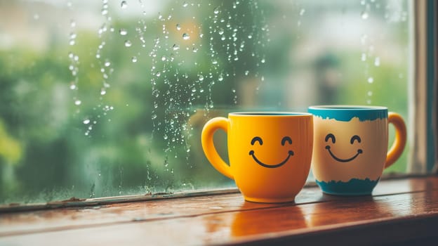 Happy, similing face, mug couple on a window sill cuddle, cup of coffee on a rainy day, support, relationship and friendship concept
