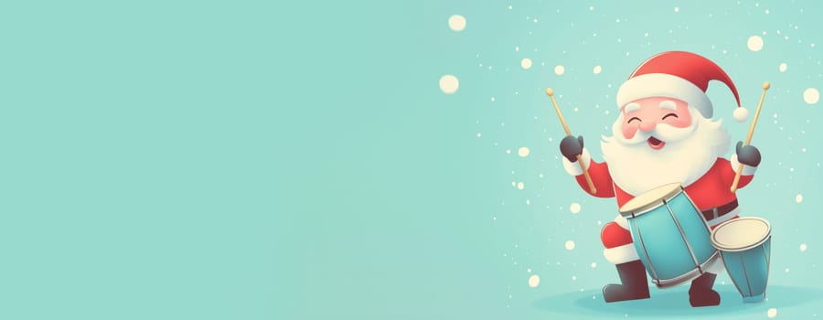 Santa Claus is playing drums, music for xmas, winter holiday season, christmas greeting card