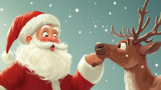 Friendship between Santa Claus and reindeer, winter holiday season, christmas greeting card
