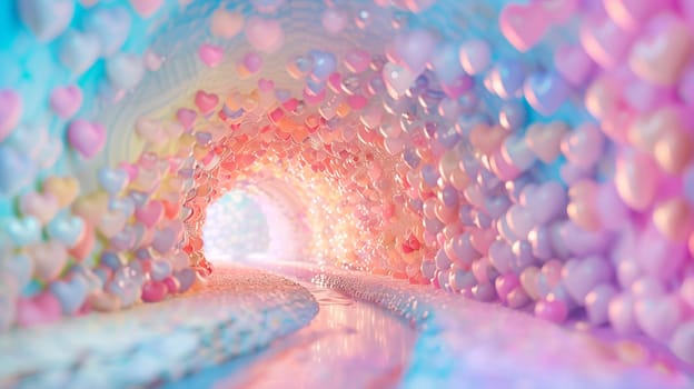 Tunnel of pastel hearts, love and emotion concept, thank you, hope, help and charity, fantasy landscape