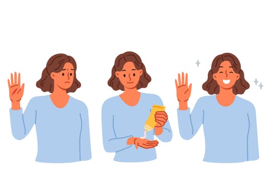 Women use hand cream to get rid of cracks in skin or to heal wound on palm. Hand cream helps skincare of young woman smiling after recovery, without going to doctor or going to clinic