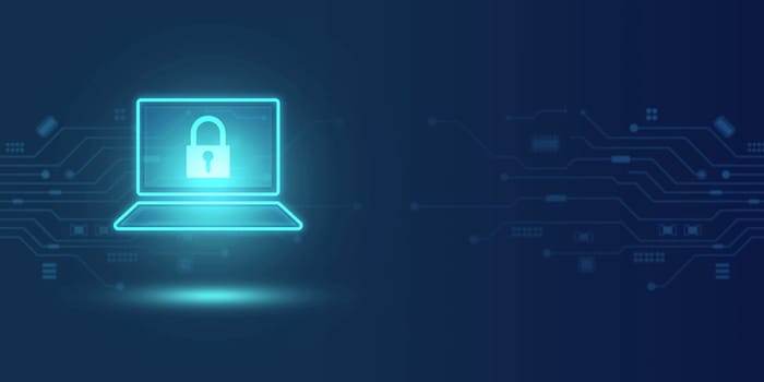 Closed Padlock with laptop on digital background and Security abstract technology background, Decoding technology and Computer network protection concept and Business internet network.