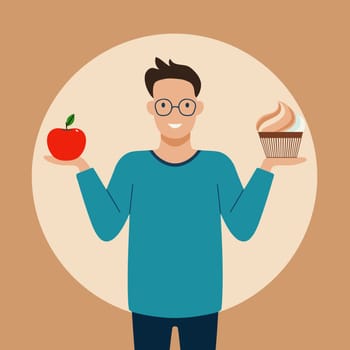 A caucasian hipster young man carries with his two hands cupcake and apple as his balance diet. A Contemporary style with pastel palette, soft beige tinted background. flat design illustration