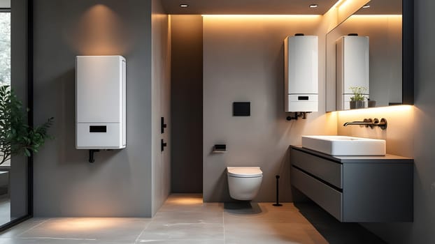 Household smart water heater hanging on the wall in boiler room. Modern tanked boiler in bathroom. Common electric storage tank water heater. Energy-efficient home heating system on gray tiles