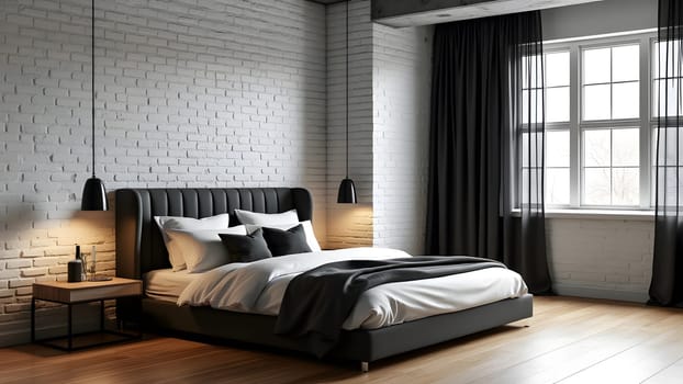 Common scandinavian interior clean look. Simply bedroom in industrial design with white brick wall, wood floor, concrete ceiling, black cotton curtain and headboard full panel bed in modern style home