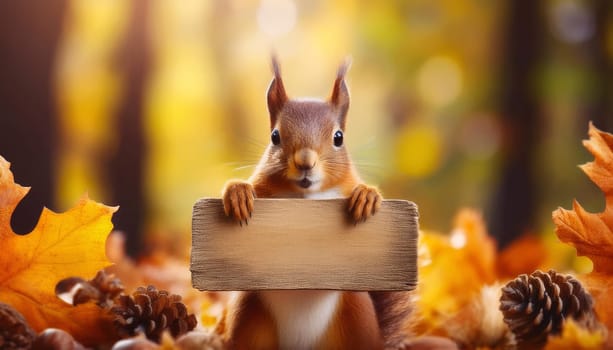Cute and funny squirrel character standing on a tree branch holding an old wooden banner in the autumn forest. Fall seasonal background advertising with space for text on empty wood board