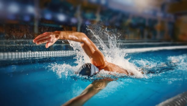 Closeup swimming athlete in the pool conquering at olympics. Swimmer motion effect with water splashes