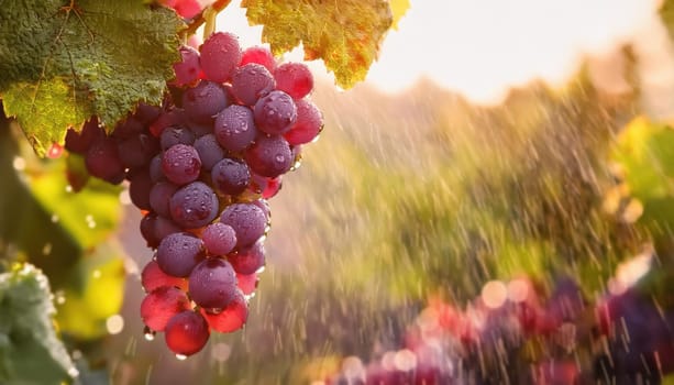 Pink grape ripening in the vineyard under autumn rain. Soft sunlight through waterdrops on the vine