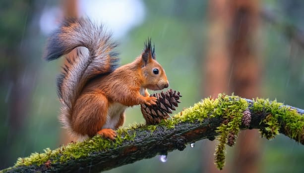 Rainy autumn day in the forest and a cute squirrel on coniferous tree branch holding a cone. Fall season rain in the wild, moody november background