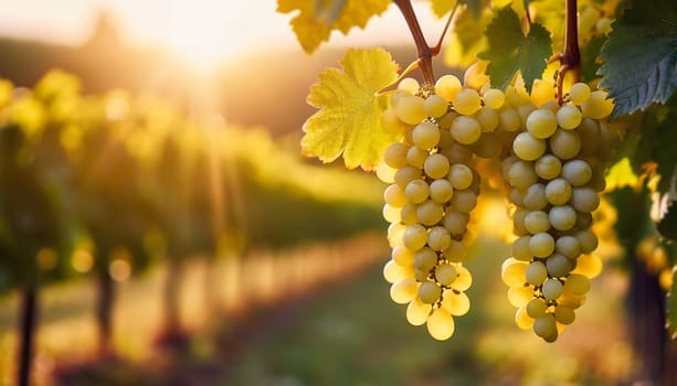 White grape ripening in the sun rays at a vineyard. Soft sunset light above the vine on the hills in the background