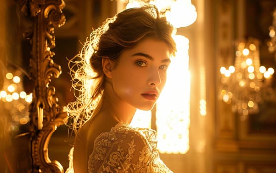 The golden backlight outlines the delicate features of a young woman, highlighting her intricate dress as she gazes back. The scene is a harmony of light and shadow