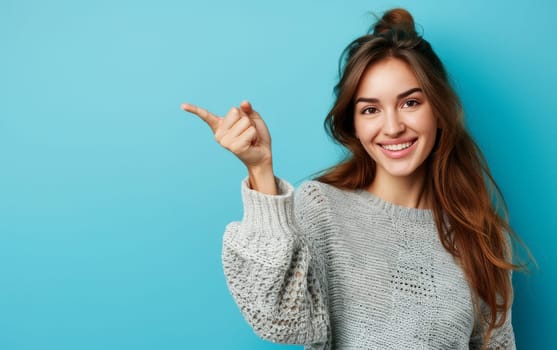 A radiant woman with flowing hair smiles warmly, pointing upwards. The monochrome sweater contrasts with the striking blue background, highlighting her engaging presence