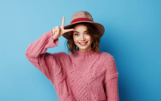 A cheerful young woman in a pink sweater and stylish hat makes an "L"" sign on her forehead. Her playful expression and vibrant blue backdrop evoke a sense of fun and youthfulness"
