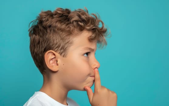 A thoughtful young boy in a white shirt gestures for silence, his eyes full of curiosity. The background's stark blue sets a contrasting stage for his light-hearted secret