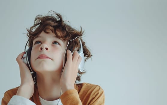 A boy in headphones daydreams against a minimalist background, a wistful expression on his face. The image captures the imaginative power of music