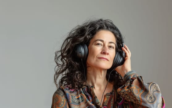 A contemplative woman listens to music, her headphones encasing her in a world of sound. Her thoughtful gaze suggests deep engagement with the melody