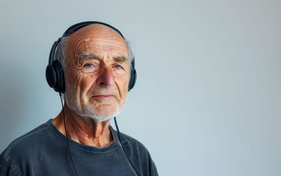 An elderly man with a deep gaze wears headphones, lost in the world of music. His expression is serene, hinting at a lifetime of experiences reflected upon through melodies
