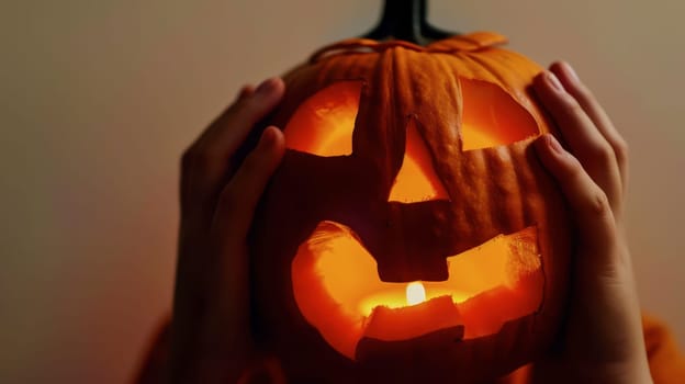 A person holds a glowing jack-o'-lantern, its cheerful face illuminated by a candle, creating a festive Halloween atmosphere.
