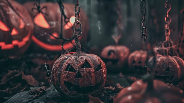 Carved pumpkins adorned with spooky faces sit among fallen leaves in a dark environment, illuminated with an eerie red glow.