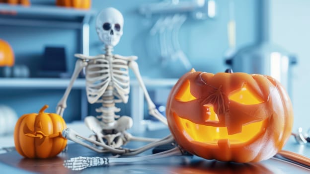 A skeleton sits alongside a glowing carved pumpkin and a smaller pumpkin, capturing the essence of Halloween preparations in a cozy setting.
