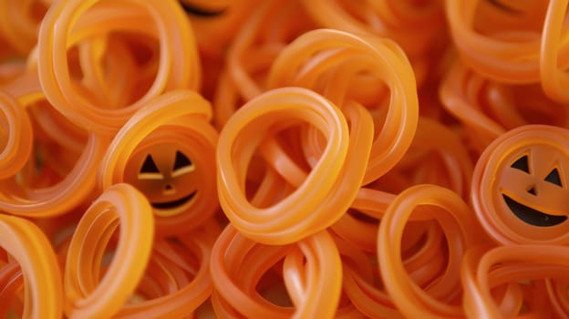 A vibrant assortment of orange rubber bands adorned with smiling pumpkin faces, perfect for Halloween festivities.