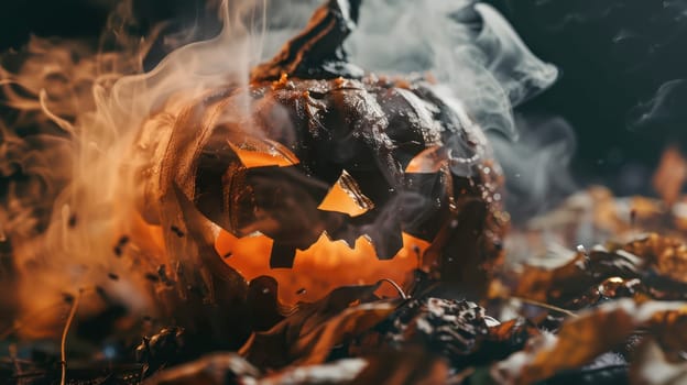 A spooky carved pumpkin emits a warm glow while surrounded by wisps of smoke and fallen autumn leaves.