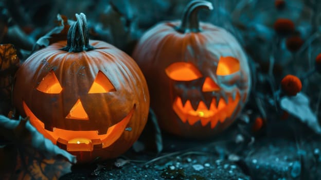 Two jack-o'-lanterns with unique faces illuminate the autumn night, surrounded by fallen leaves and decorative plants.