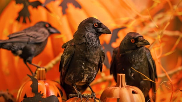 Two crows stand on decorated pumpkins, surrounded by Halloween-themed elements and vibrant orange colors.