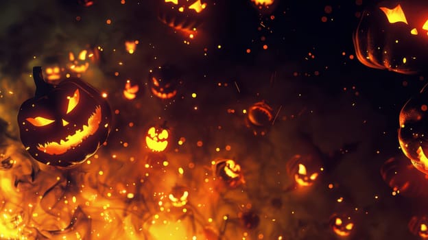 Jack-o'-lanterns illuminate the darkness with eerie faces, surrounded by wisps of fog, creating a haunting Halloween ambiance.