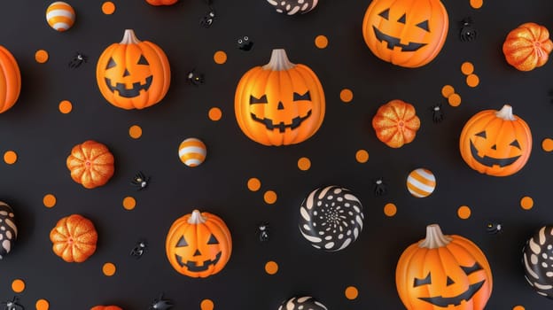 Brightly colored pumpkins and decorative ornaments create a cheerful Halloween atmosphere on a dark backdrop.