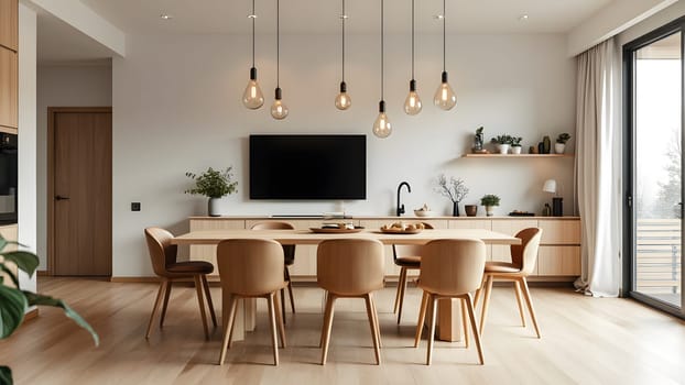 An eat-in kitchen interior design in modern scandinavian style with big wooden table and chairs against light wood floor, bright white walls and furnitures with TV, appliances and hanging light bulbs