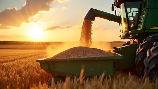 Ripe wheat grain falling from combine auger into cart. Unloading grains into truck by unloading auger. Wheat harvesting on field in summer season. Process of gathering crop by agricultural machinery