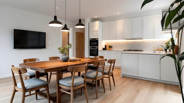An eat-in kitchen interior design in modern scandinavian style with big wooden table and chairs against light wood floor, bright white walls and furnitures with TV, appliances and hanging light bulbs