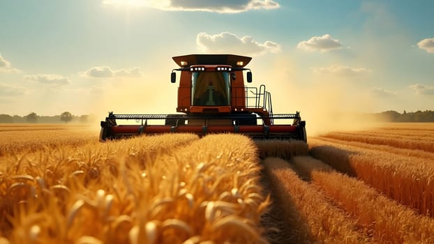 Combine harvesters with grain header, wide chaff spreader reaping cereal ears. Rotary straw walker cut and threshes ripe wheat grain. Gathering crop by agricultural machinery on field on summer season