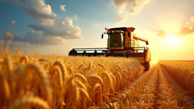 Combine harvesters with grain header, wide chaff spreader reaping cereal ears. Rotary straw walker cut and threshes ripe wheat grain. Gathering crop by agricultural machinery on field on summer season