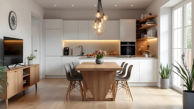 An eat-in kitchen interior design in modern scandinavian style with big wooden table and chairs against light wood floor, bright white walls and furnitures with TV, appliances and hanging light bulbs