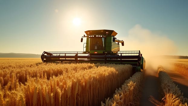 Combine harvesters with grain header, wide chaff spreader reaping cereal ears. Rotary straw walker cut and threshes ripe wheat grain. Gathering crop by agricultural machinery on field on summer season