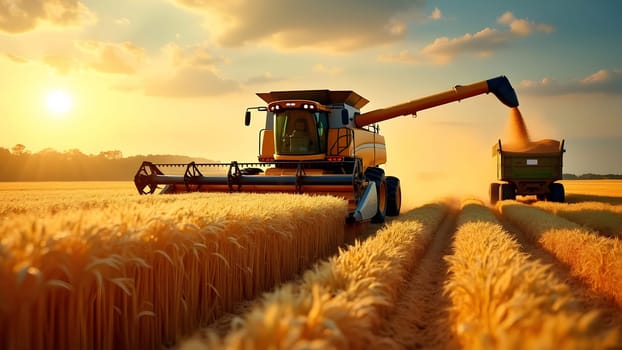 Combine harvesters cuts and threshes ripe wheat grain. Unloading grains into truck by unloading auger. Wheat harvesting on field in summer season. Process of gathering crop by agricultural machinery
