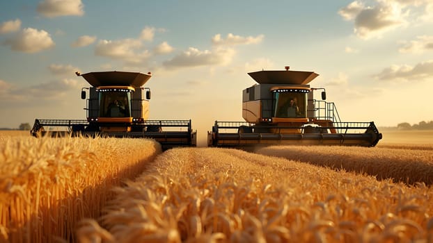 Two modern combine harvesters with grain header, wide chaff spreader cut and threshes ripe wheat grain . Wheat harvesting on field in summer season. Process of gathering crop by agricultural machinery