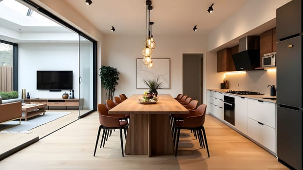 An eat-in kitchen interior design in modern scandinavian style with big wooden table and chairs against light wood floor, bright white walls and furnitures with TV, appliances and hanging light bulbs