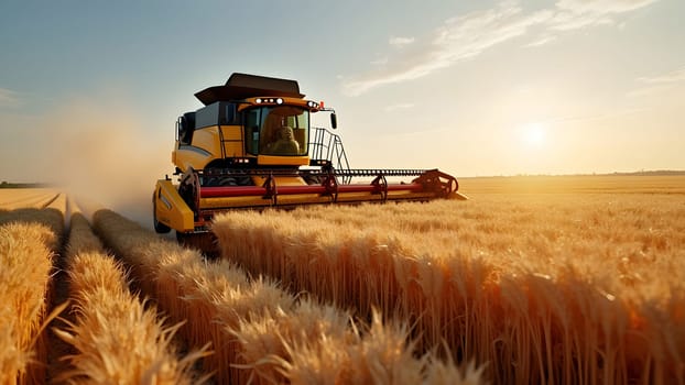 Combine harvesters with grain header, wide chaff spreader reaping cereal ears. Rotary straw walker cut and threshes ripe wheat grain. Gathering crop by agricultural machinery on field on summer season