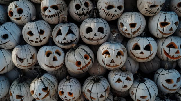 Numerous carved pumpkins with various expressions are arranged together, highlighting the festive spirit of Halloween.